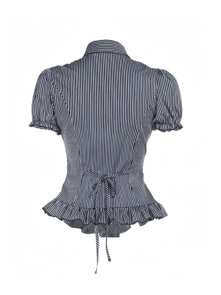 Grau 1930er Vertikal Streifen Puffärmel Rüsche Bluse