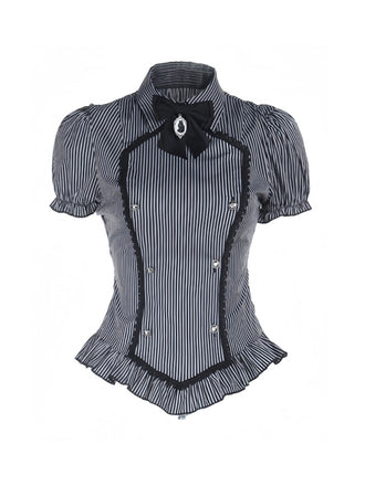 Grau 1930er Vertikal Streifen Puffärmel Rüsche Bluse