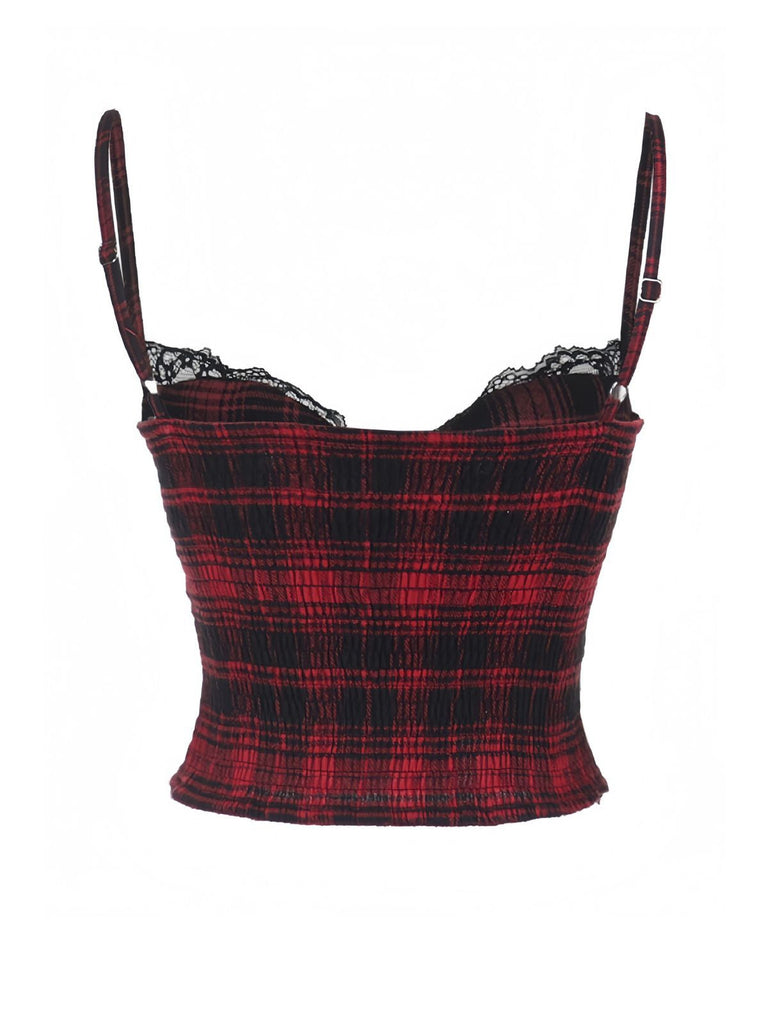 2PCS Rot 1980er Plaid Gesmokt Top & Hoch-Tief Saum Rock