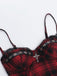 Rot 1970er Punk Plaid Spitze & Leder Gesmokt Top