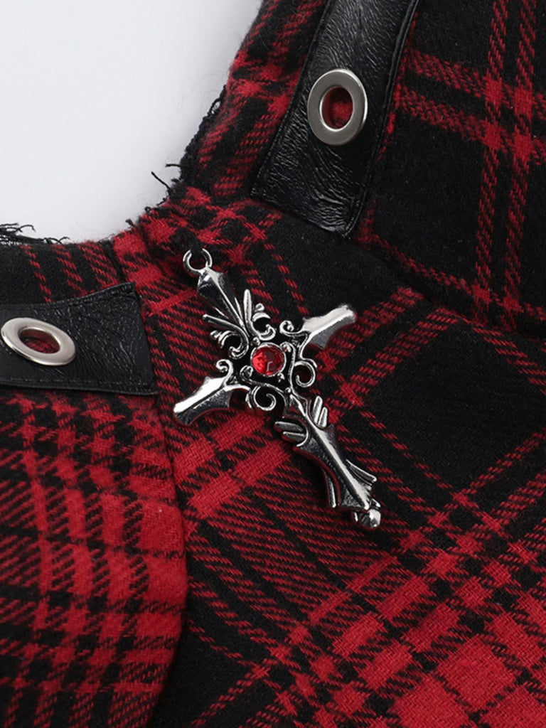 2PCS Rot 1980er Plaid Gesmokt Top & Hoch-Tief Saum Rock