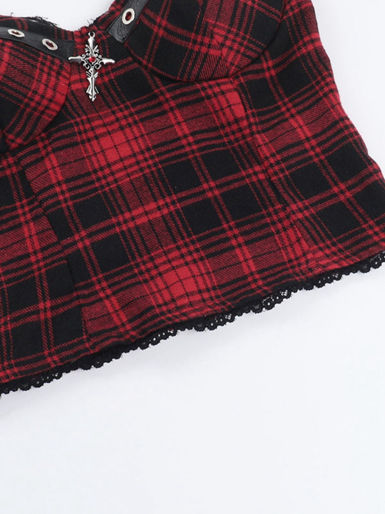 2PCS Rot 1980er Plaid Gesmokt Top & Hoch-Tief Saum Rock
