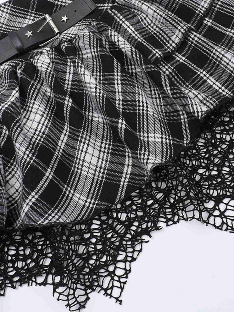 Grau 1980er Steampunk Spitze Patchwork Tartan Plaid Rock