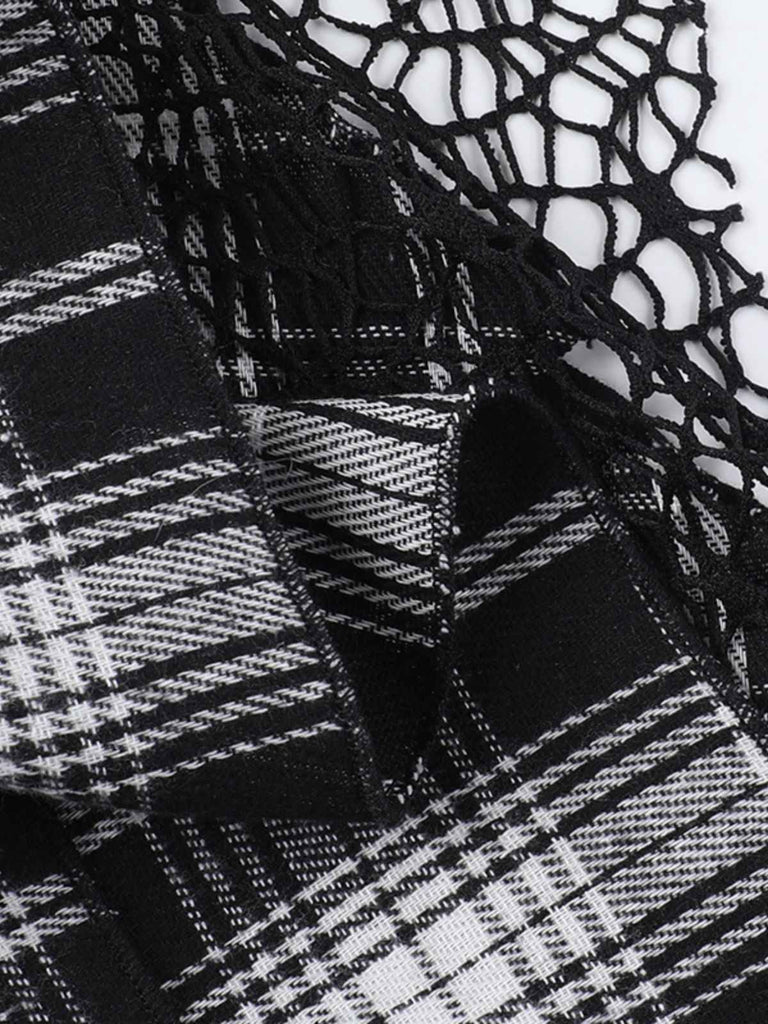 Grau 1980er Steampunk Spitze Patchwork Tartan Plaid Rock