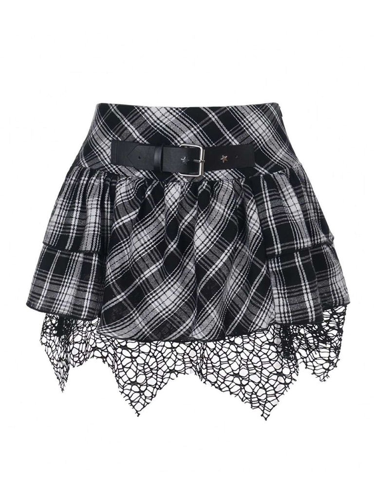 Grau 1980er Steampunk Spitze Patchwork Tartan Plaid Rock