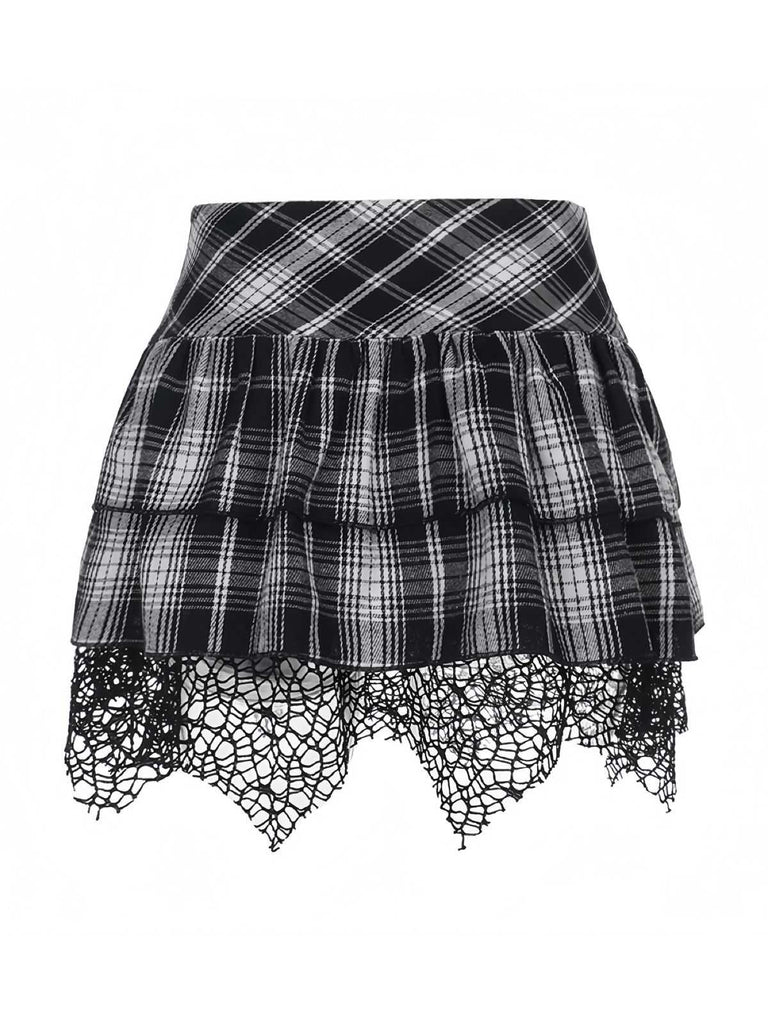 Grau 1980er Steampunk Spitze Patchwork Tartan Plaid Rock