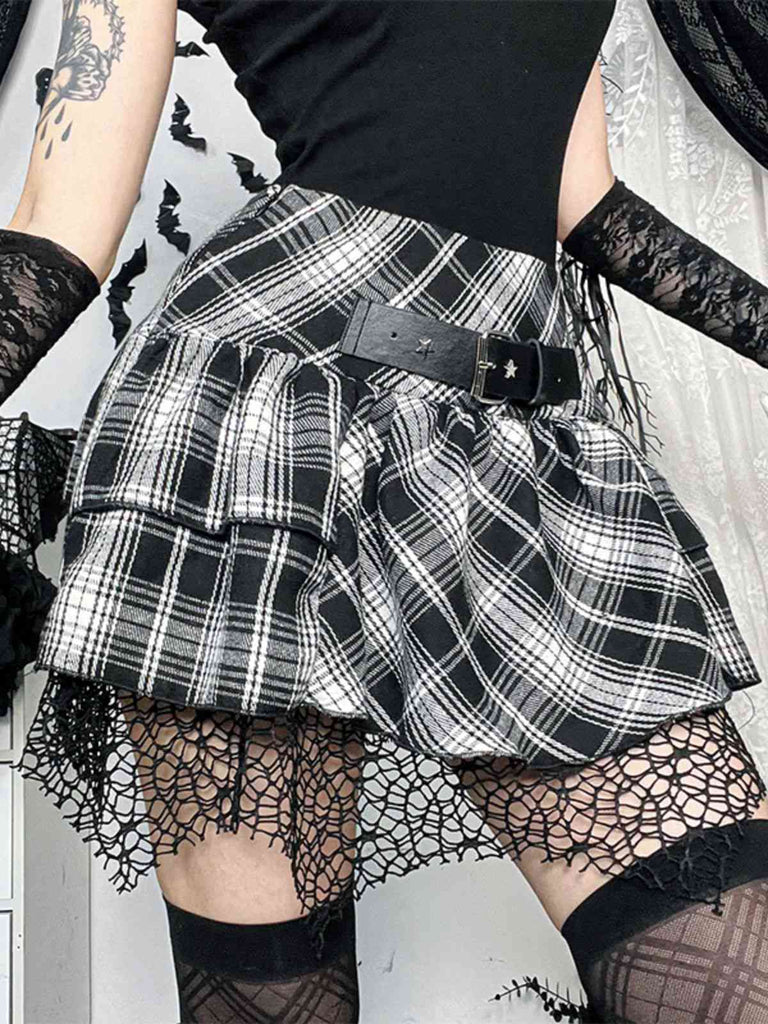 Grau 1980er Steampunk Spitze Patchwork Tartan Plaid Rock