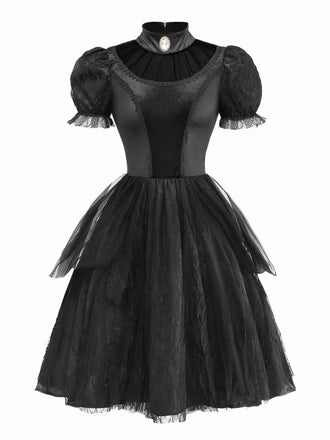 Schwarz 1950er Halloween Teuflisch Vampir Puffärmel Netz Kleid