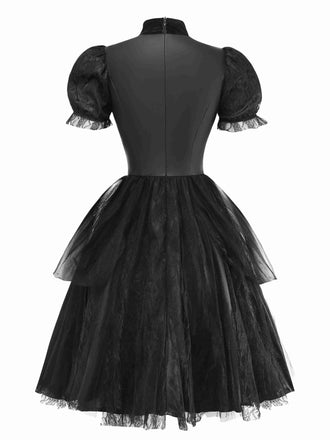 Schwarz 1950er Halloween Teuflisch Vampir Puffärmel Netz Kleid