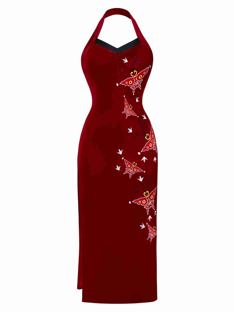 Rot 1980er Ada-Wong Stickerei Schmetterling Samt Kleid