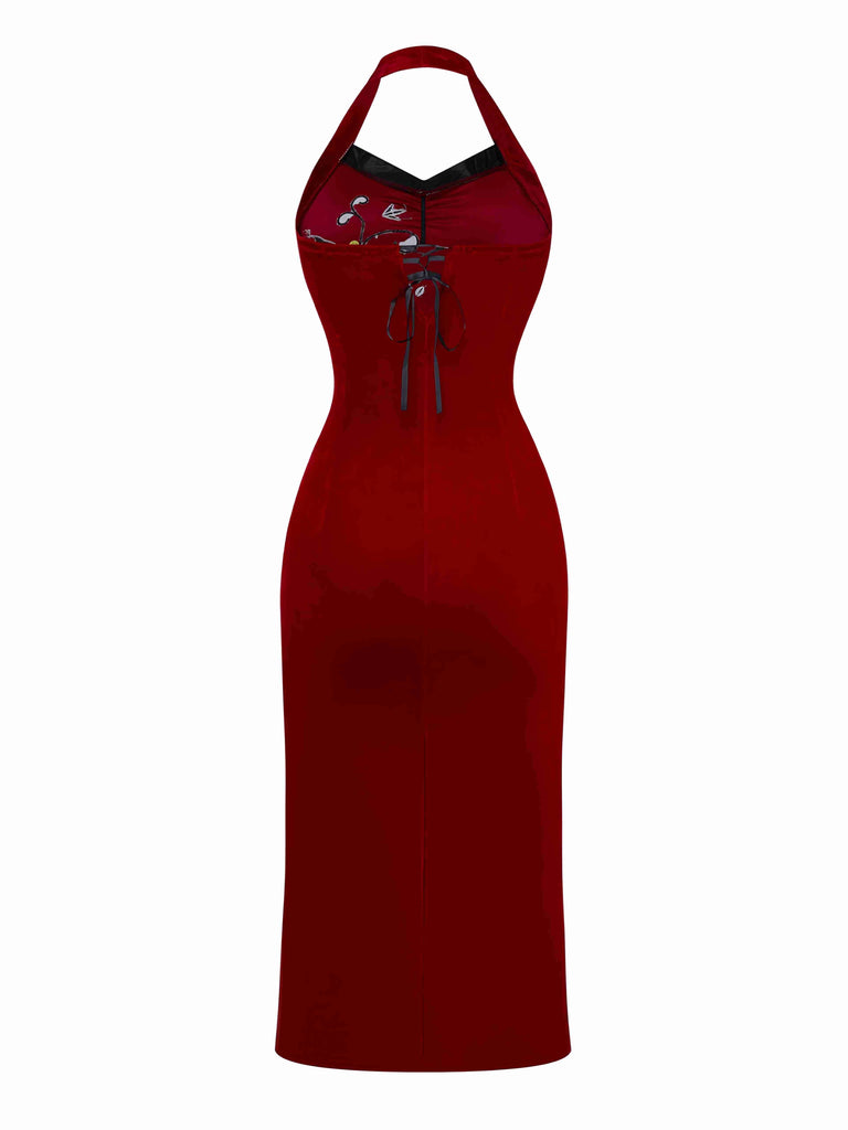 Rot 1980er Ada-Wong Stickerei Schmetterling Samt Kleid