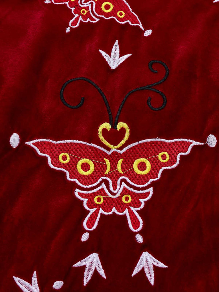Rot 1980er Ada-Wong Stickerei Schmetterling Samt Kleid
