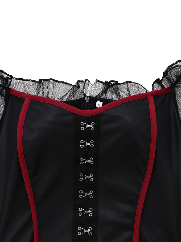 Rot 1980er Halloween Hexe Vampir Netz Kleid & Besticktes Cape
