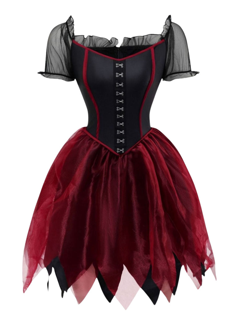 Rot 1980er Halloween Hexe Vampir Netz Kleid & Besticktes Cape