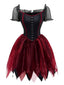 Rot 1980er Halloween Hexe Vampir Netz Kleid & Besticktes Cape