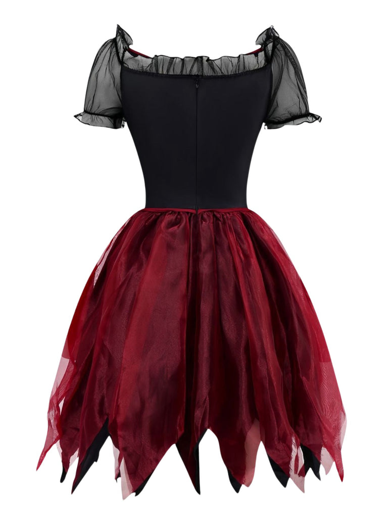 Rot 1980er Halloween Hexe Vampir Netz Kleid & Besticktes Cape