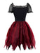 Rot 1980er Halloween Hexe Vampir Netz Kleid & Besticktes Cape