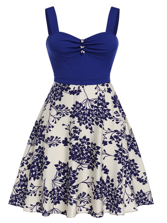 [Übergröße] Blau 1950er Blumen Knöpfen Sweetheart-Kragen Kleid