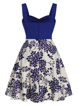 [Übergröße] Blau 1950er Blumen Knöpfen Sweetheart-Kragen Kleid