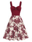 Rot 1950er Blumen Knöpfen Sweetheart-Kragen Kleid