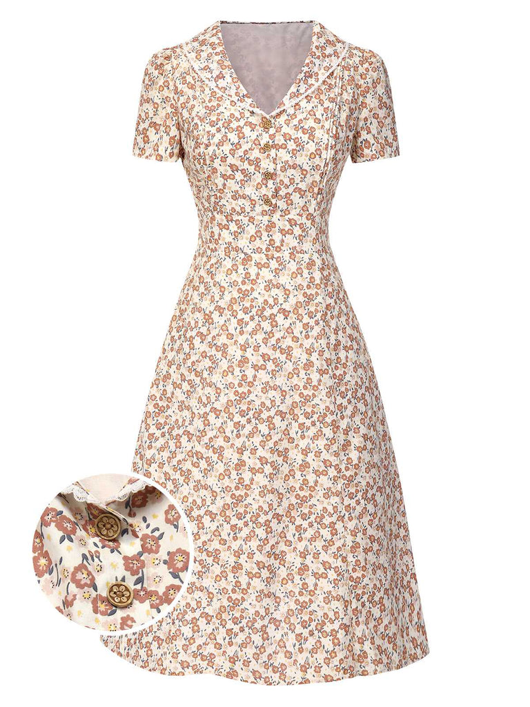 Blau 1940er Baumwolle Puffärmel Revers Blumen Kleid