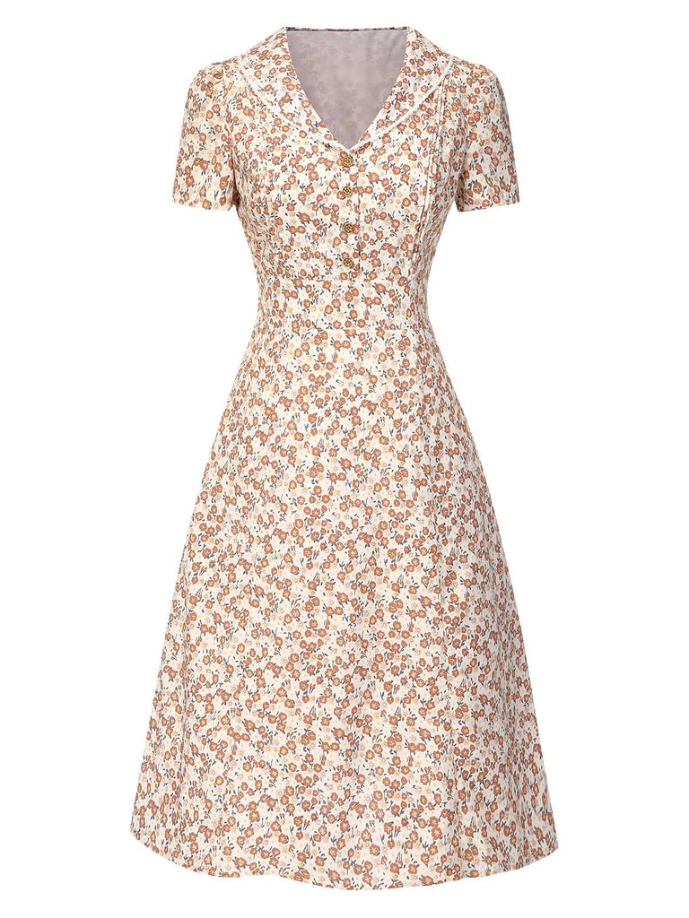 Blau 1940er Baumwolle Puffärmel Revers Blumen Kleid