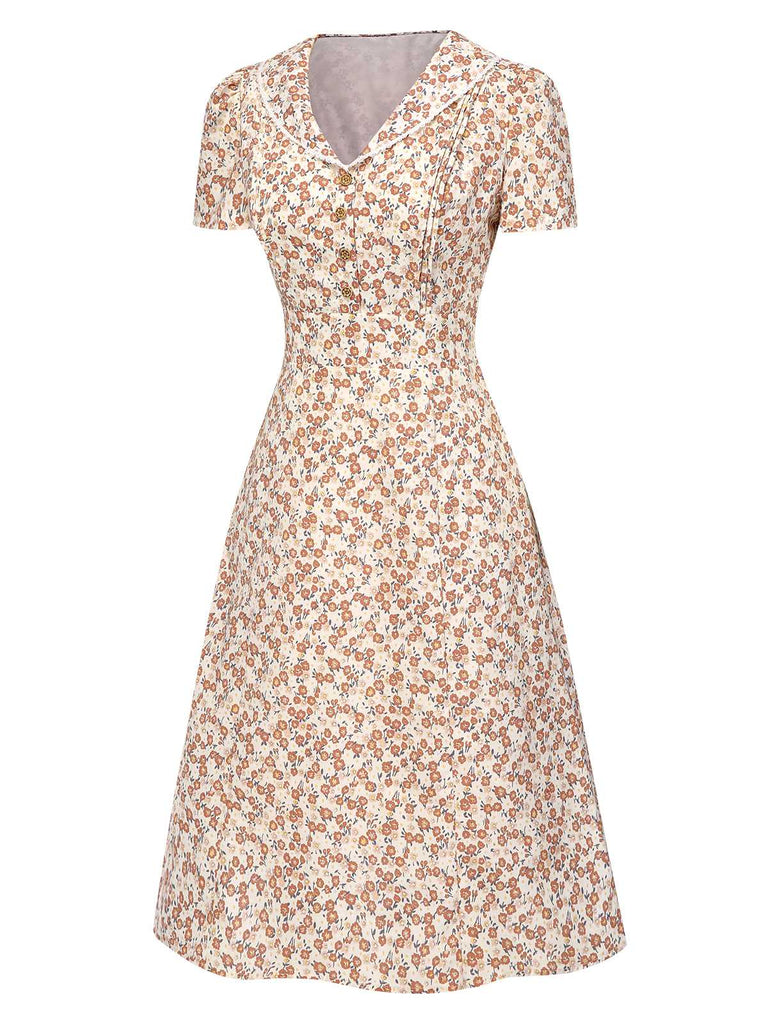 Blau 1940er Baumwolle Puffärmel Revers Blumen Kleid