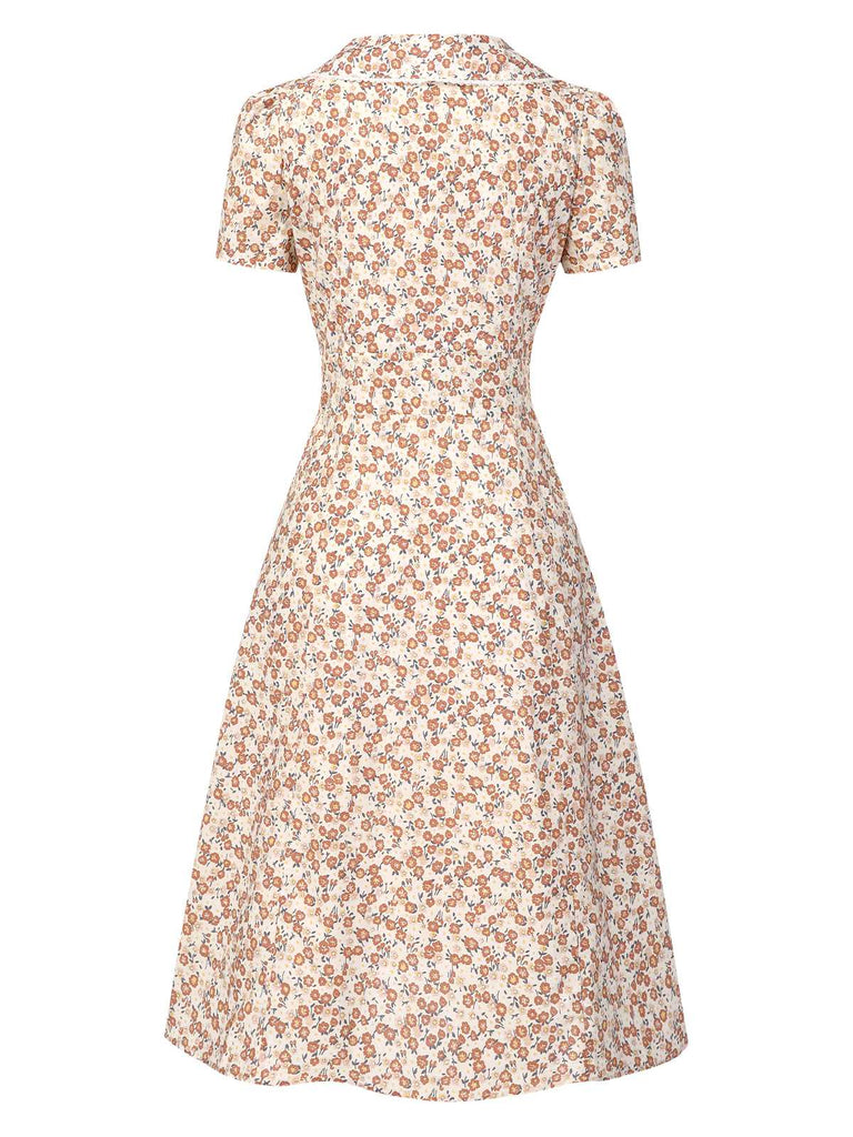 Blau 1940er Baumwolle Puffärmel Revers Blumen Kleid