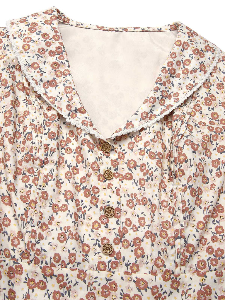 Blau 1940er Baumwolle Puffärmel Revers Blumen Kleid