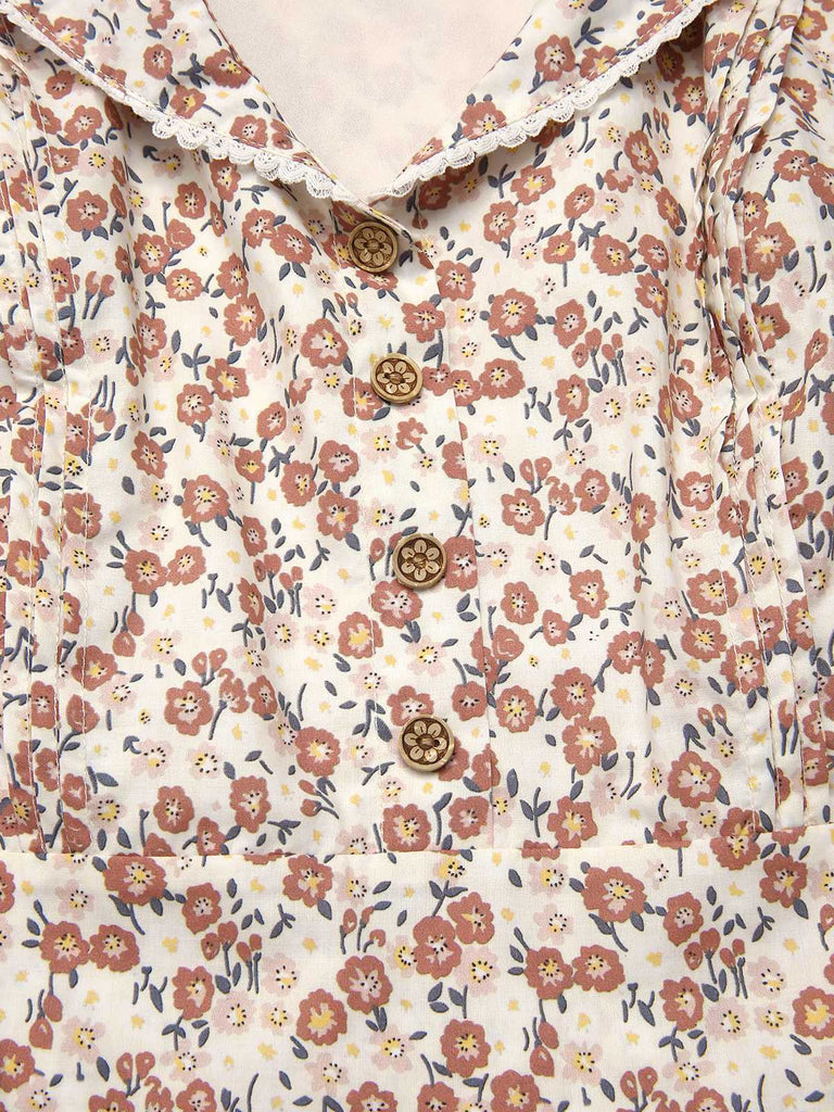 Blau 1940er Baumwolle Puffärmel Revers Blumen Kleid