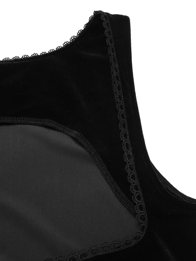 [Vorverkauf] Schwarz 1960er Solide Samt Schnürung Overall Kleid