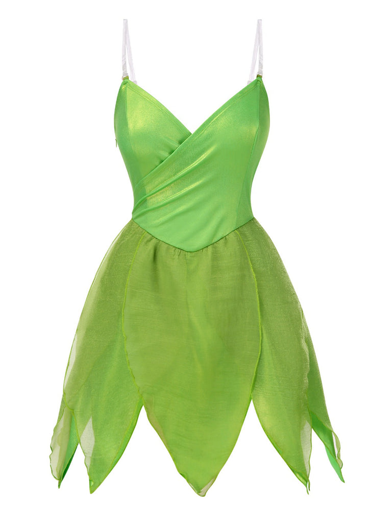 [Vorverkauf] Grün 1970er Tinkerbell Elf Blütenblatt Saum Mini Kleid