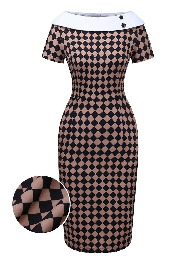 [Vorverkauf] Khaki 1960er Argyle Boot Hals Bleistift Kleid