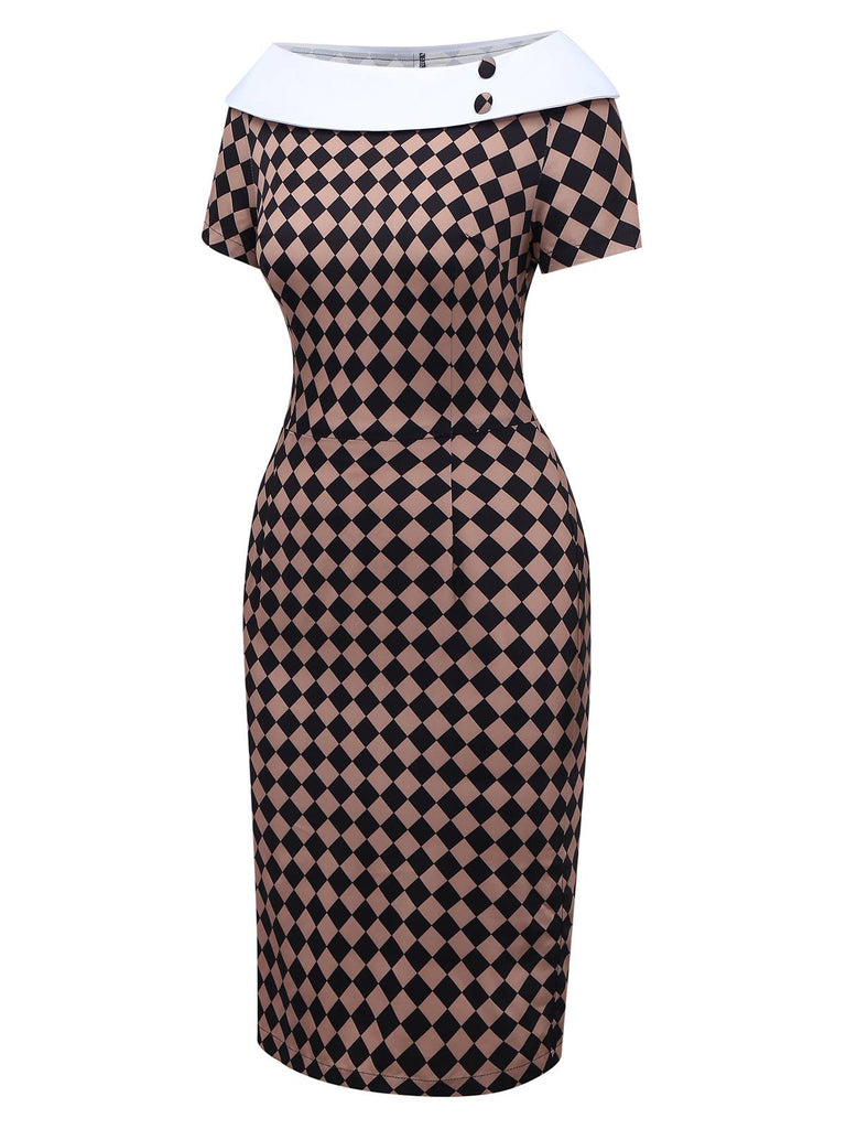 [Vorverkauf] Khaki 1960er Argyle Boot Hals Bleistift Kleid