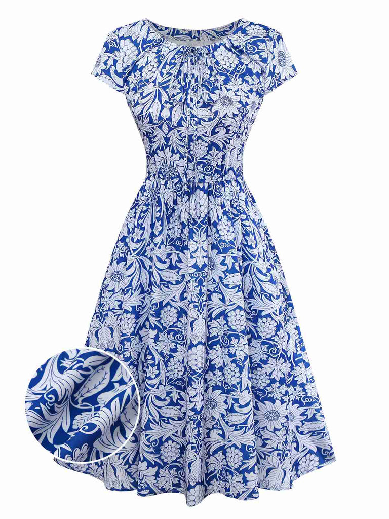 [Vorverkauf] Blau 1950er Ethnisch Blumen Rundhals Flügelärmel Kleid