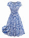 [Vorverkauf] Blau 1950er Ethnisch Blumen Rundhals Flügelärmel Kleid