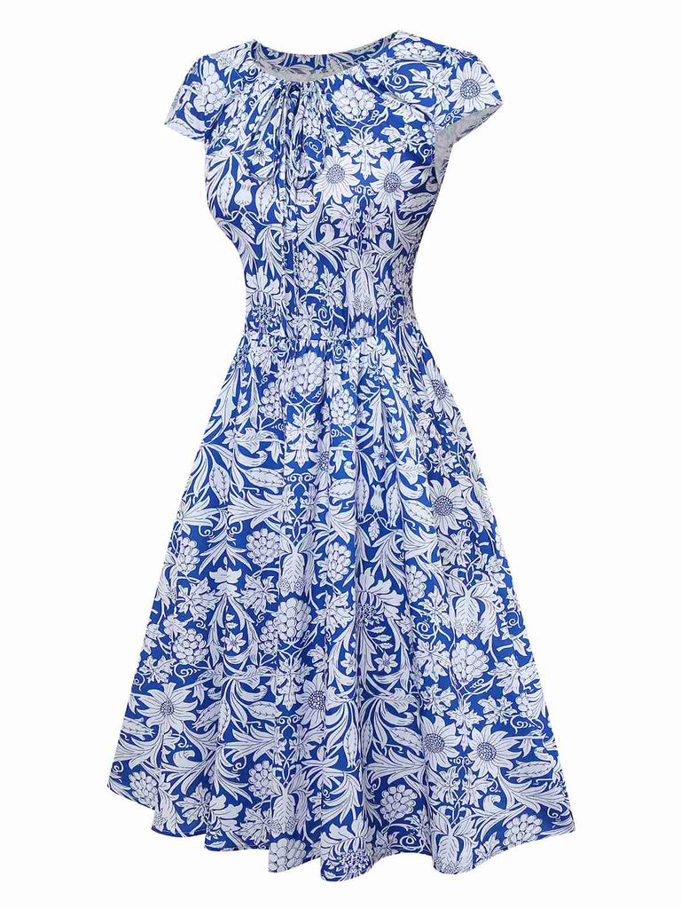 [Vorverkauf] Blau 1950er Ethnisch Blumen Rundhals Flügelärmel Kleid