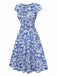 [Vorverkauf] Blau 1950er Ethnisch Blumen Rundhals Flügelärmel Kleid