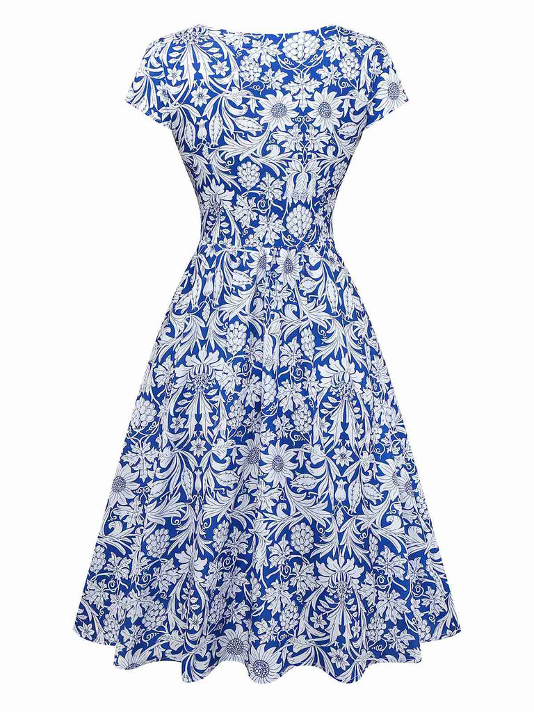 [Vorverkauf] Blau 1950er Ethnisch Blumen Rundhals Flügelärmel Kleid