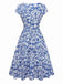 [Vorverkauf] Blau 1950er Ethnisch Blumen Rundhals Flügelärmel Kleid