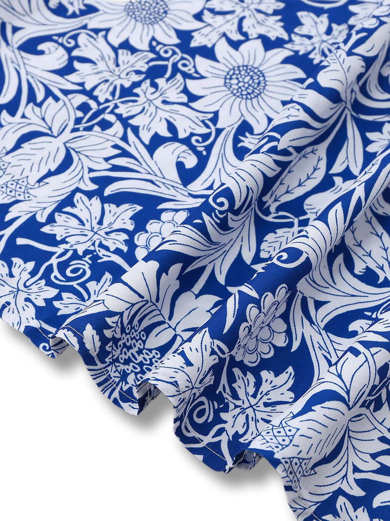 [Vorverkauf] Blau 1950er Ethnisch Blumen Rundhals Flügelärmel Kleid