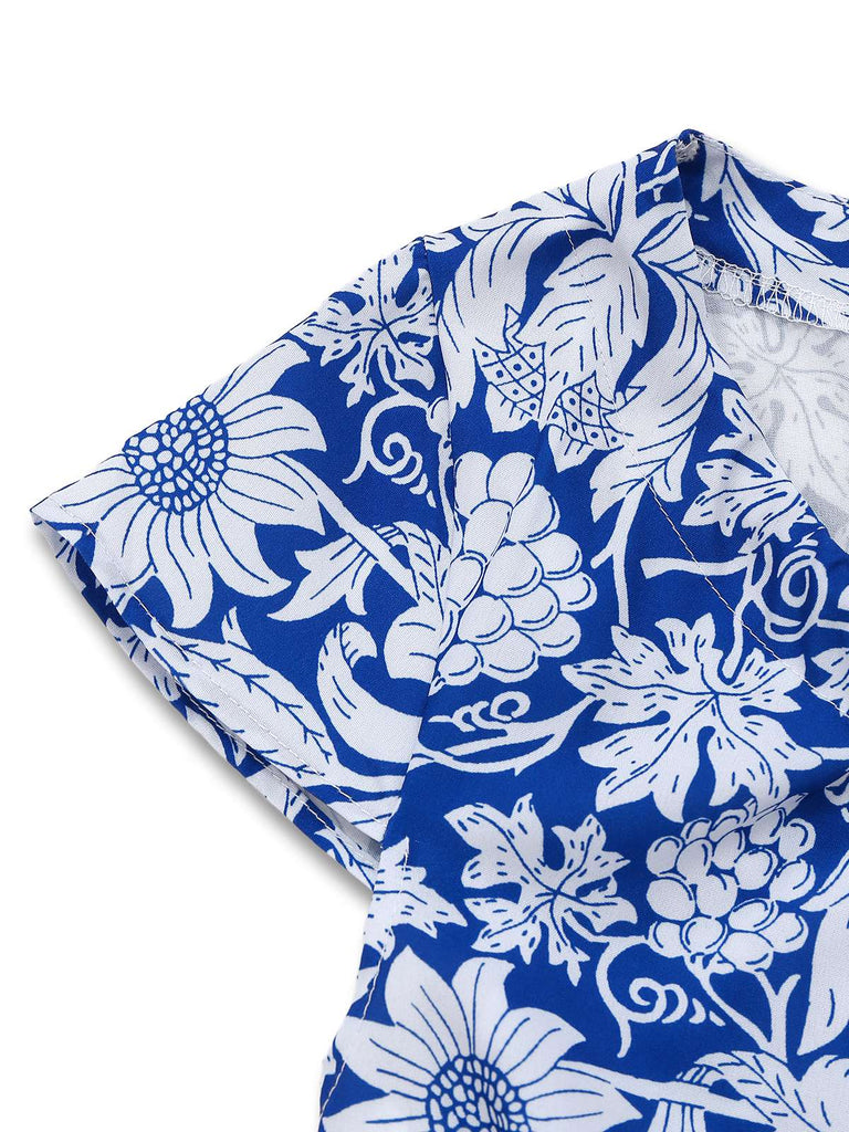 [Vorverkauf] Blau 1950er Ethnisch Blumen Rundhals Flügelärmel Kleid