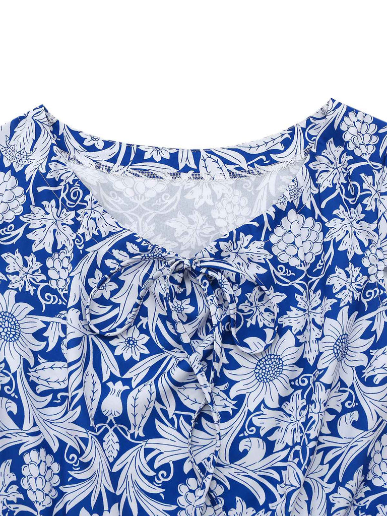 [Vorverkauf] Blau 1950er Ethnisch Blumen Rundhals Flügelärmel Kleid