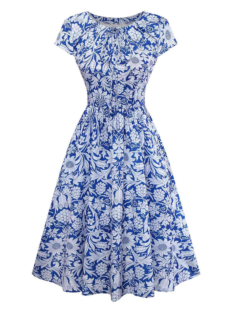 [Vorverkauf] Blau 1950er Ethnisch Blumen Rundhals Flügelärmel Kleid