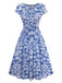 [Vorverkauf] Blau 1950er Ethnisch Blumen Rundhals Flügelärmel Kleid
