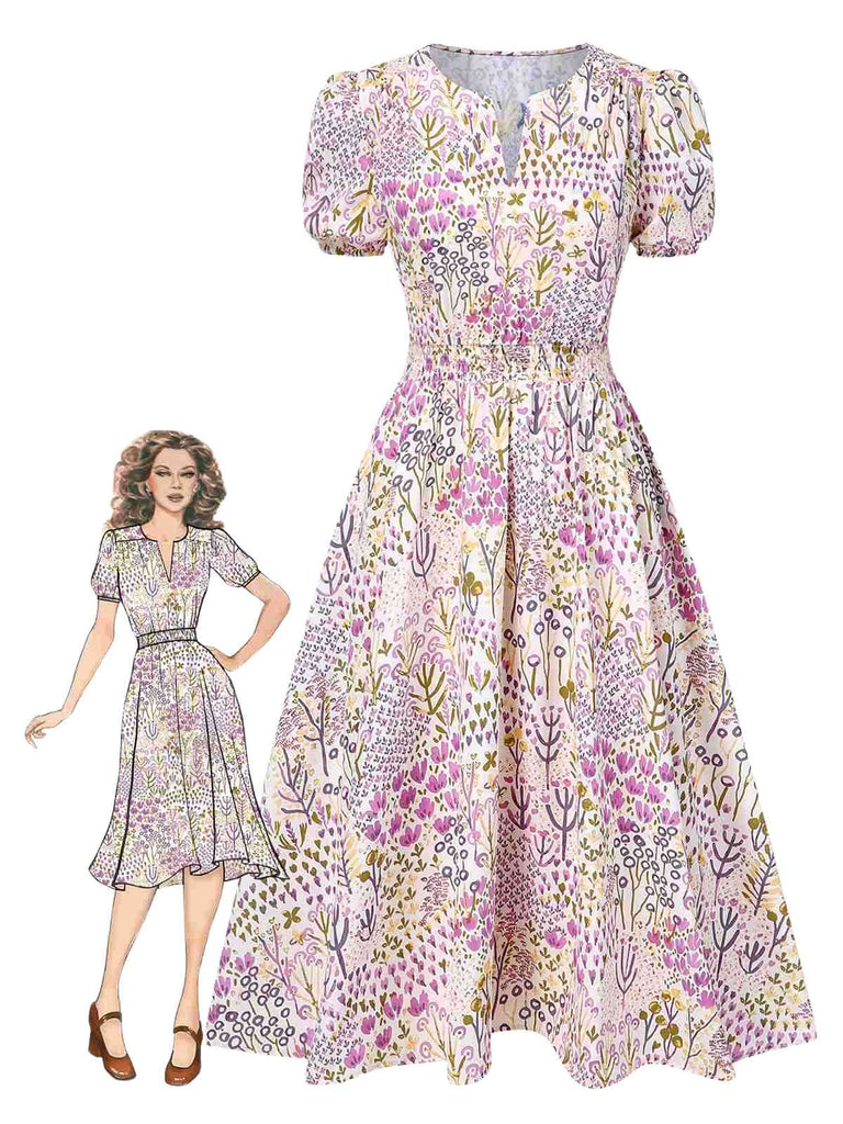 [Vorverkauf] Lavendel 1950er Blumen V-Ausschnitt Puffärmel Kleid