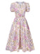 [Vorverkauf] Lavendel 1950er Blumen V-Ausschnitt Puffärmel Kleid