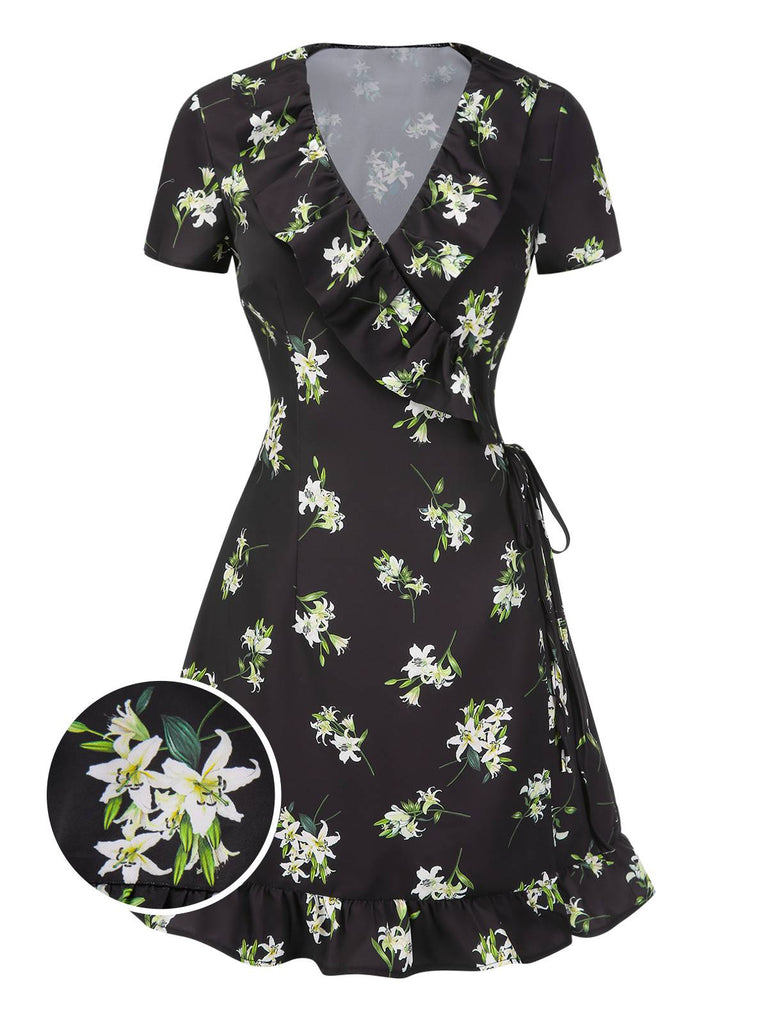 [Vorverkauf] Schwarz 1950er Lilie Rüsche V-Ausschnitt Wickeln Kleid