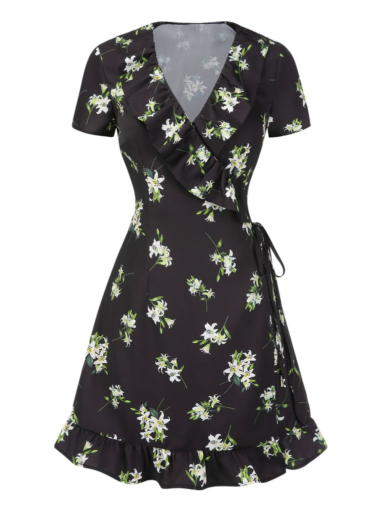 [Vorverkauf] Schwarz 1950er Lilie Rüsche V-Ausschnitt Wickeln Kleid