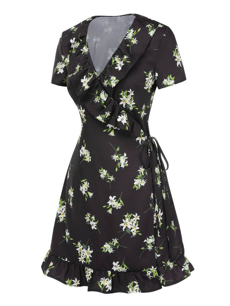 [Vorverkauf] Schwarz 1950er Lilie Rüsche V-Ausschnitt Wickeln Kleid